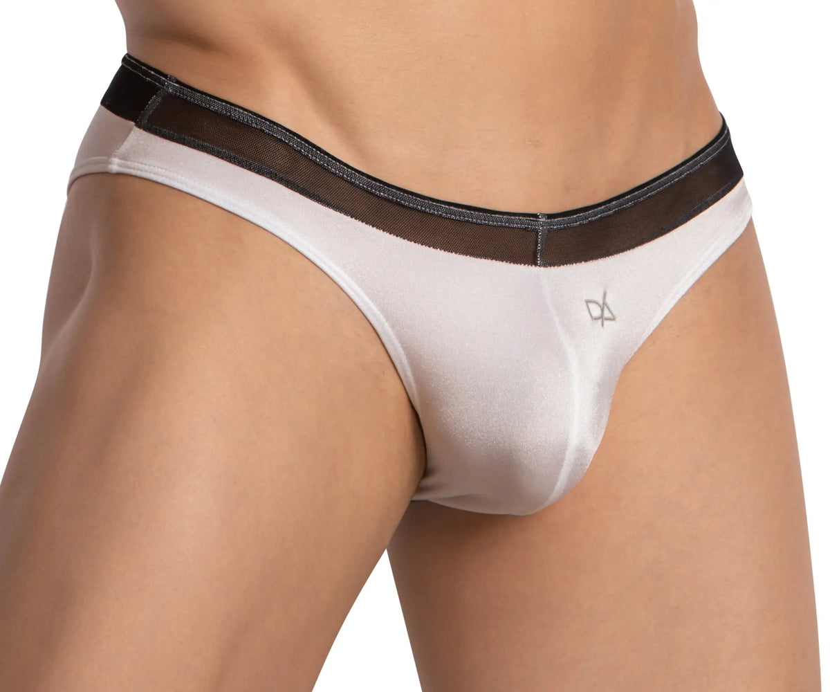 Daniel Alexander DAI097 bikini brief white menâ€™s briefs with black mesh waistband and subtle silver logo on front