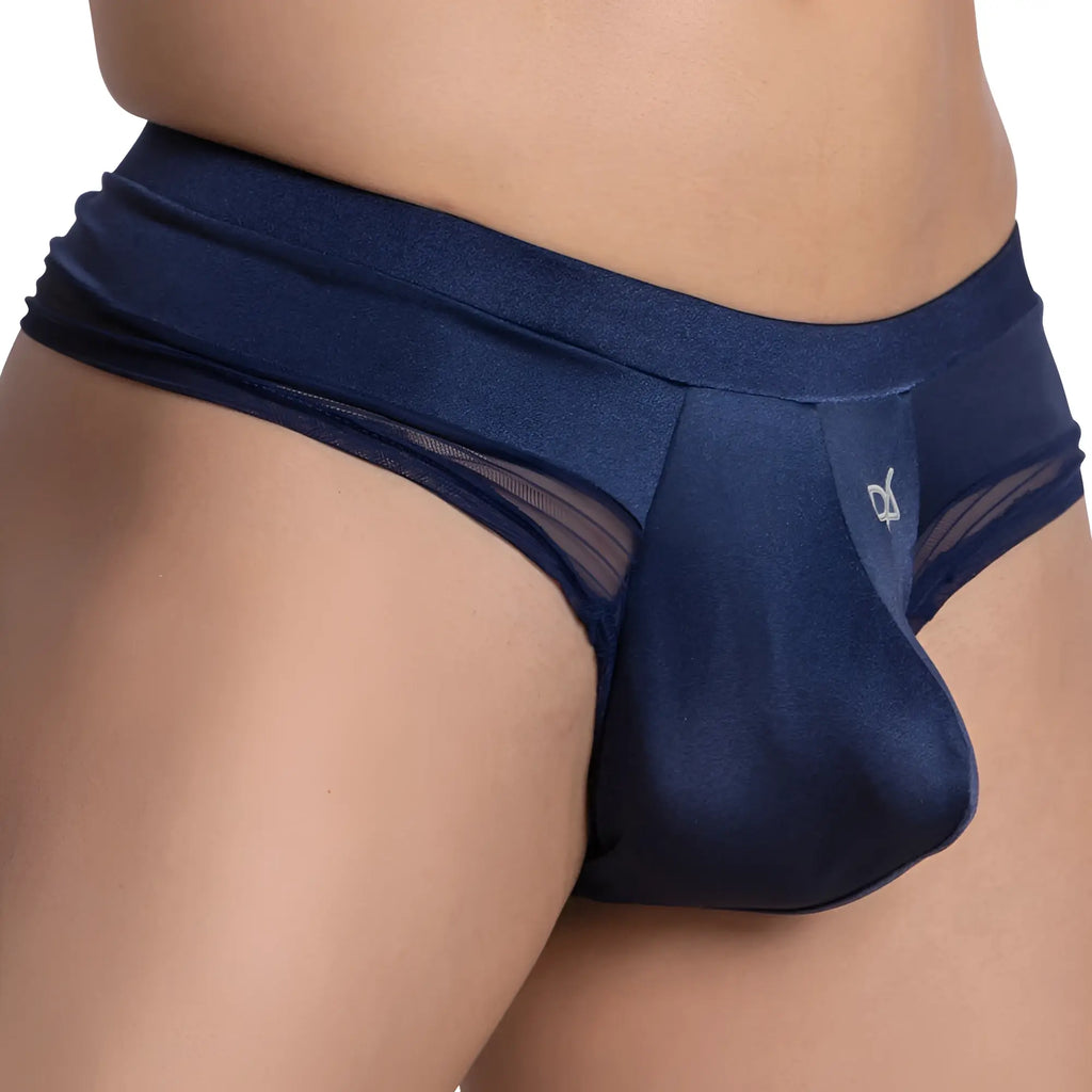 Navy blue satin Daniel Alexander DAJ014 bikini brief with sheer mesh side panels and subtle front logo