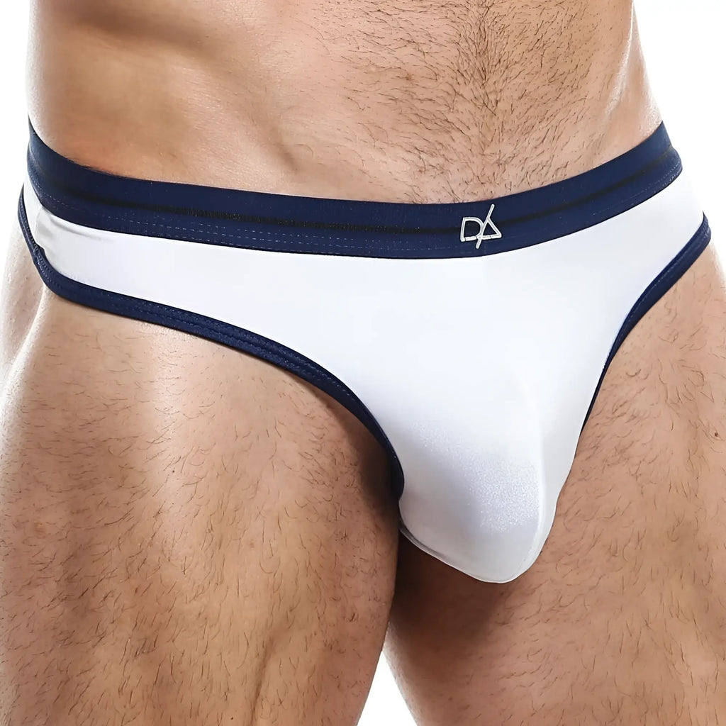 Daniel Alexander DAK043 thong in white and navy blue with subtle sheen and embroidered logo on the waistband front view