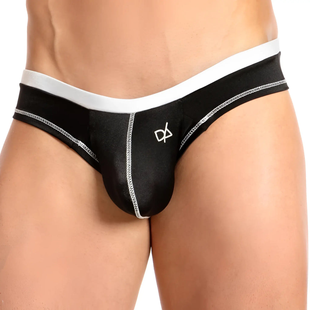 Black menâ€™s briefs daniel alexander dak046 thong with white waistband silver stitching and small white front logo