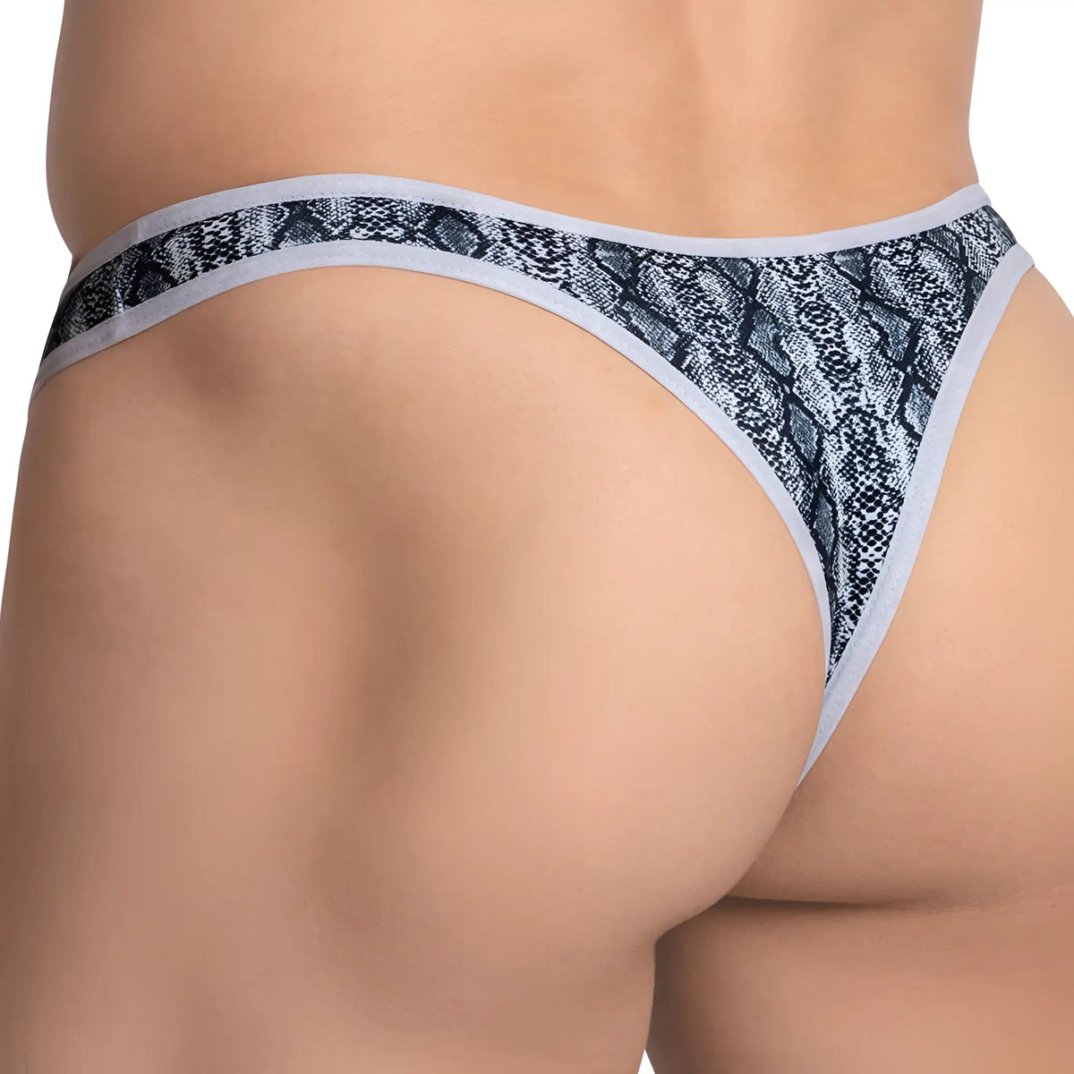 Daniel Alexander DAK069 thong in gray and black snake print with light gray trim showing the front side