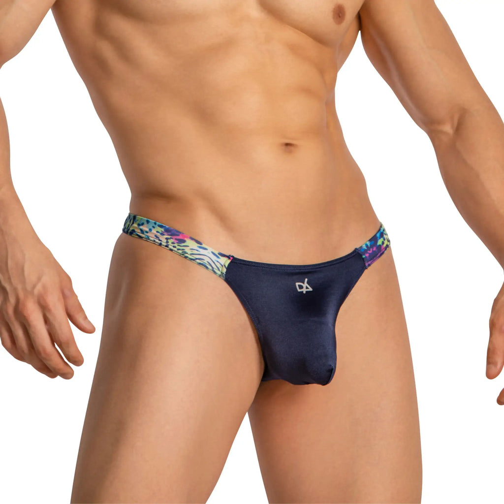 Navy blue Daniel Alexander DAK077 thong with vibrant multicolored leopard print waistband and small white front logo