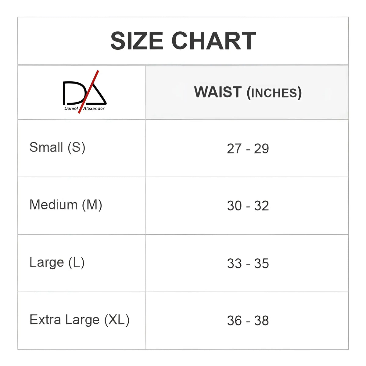 Daniel Alexander DAL035 G-String size chart showing waist measurements in inches for accurate fitting
