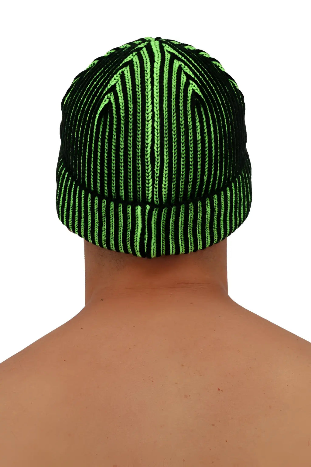 Darkroom rib beanie in black and neon green striped knit with folded brim for warm stylish wear