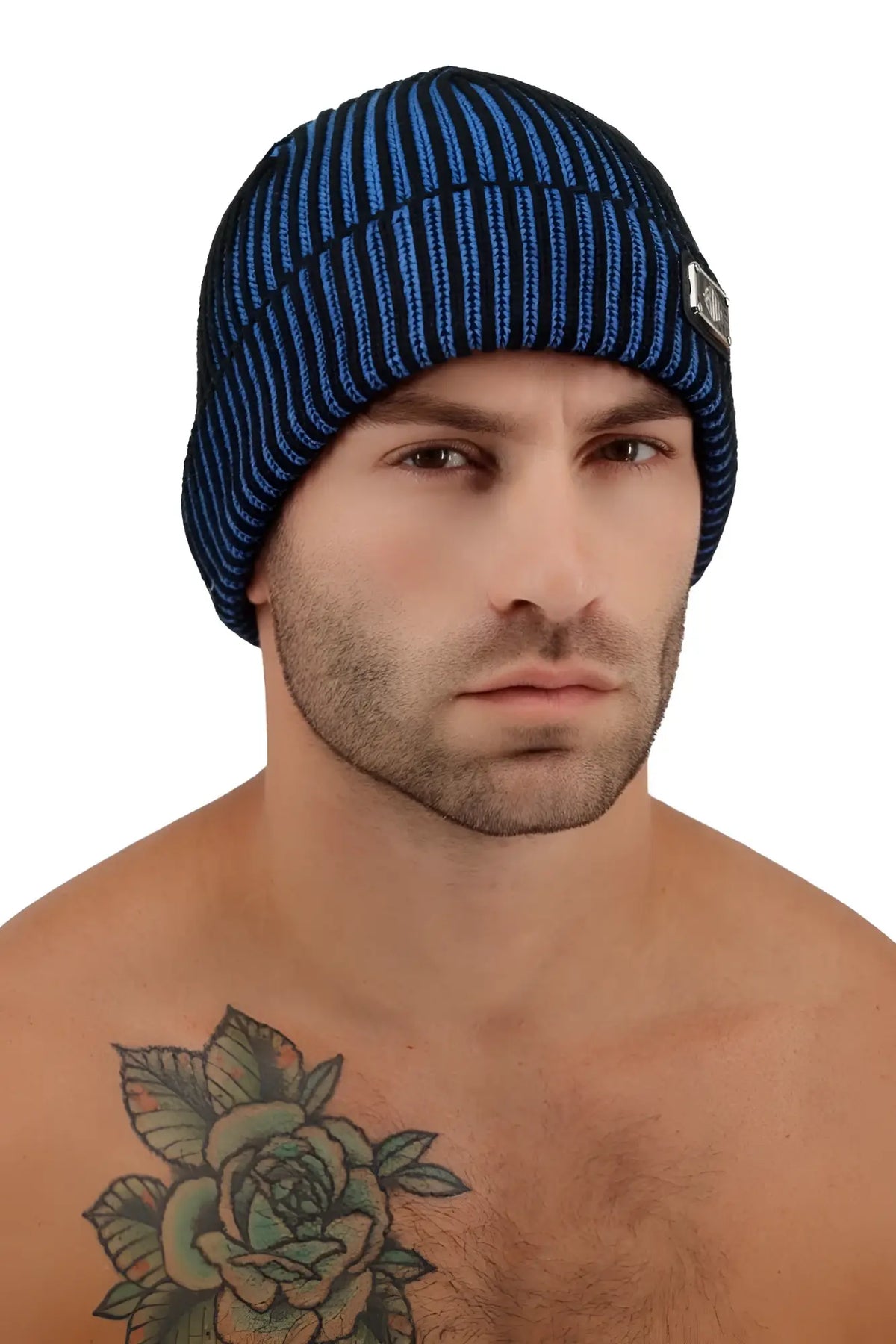 Darkroom rib beanie in blue and black stripes knit with a small rectangular logo patch on the side