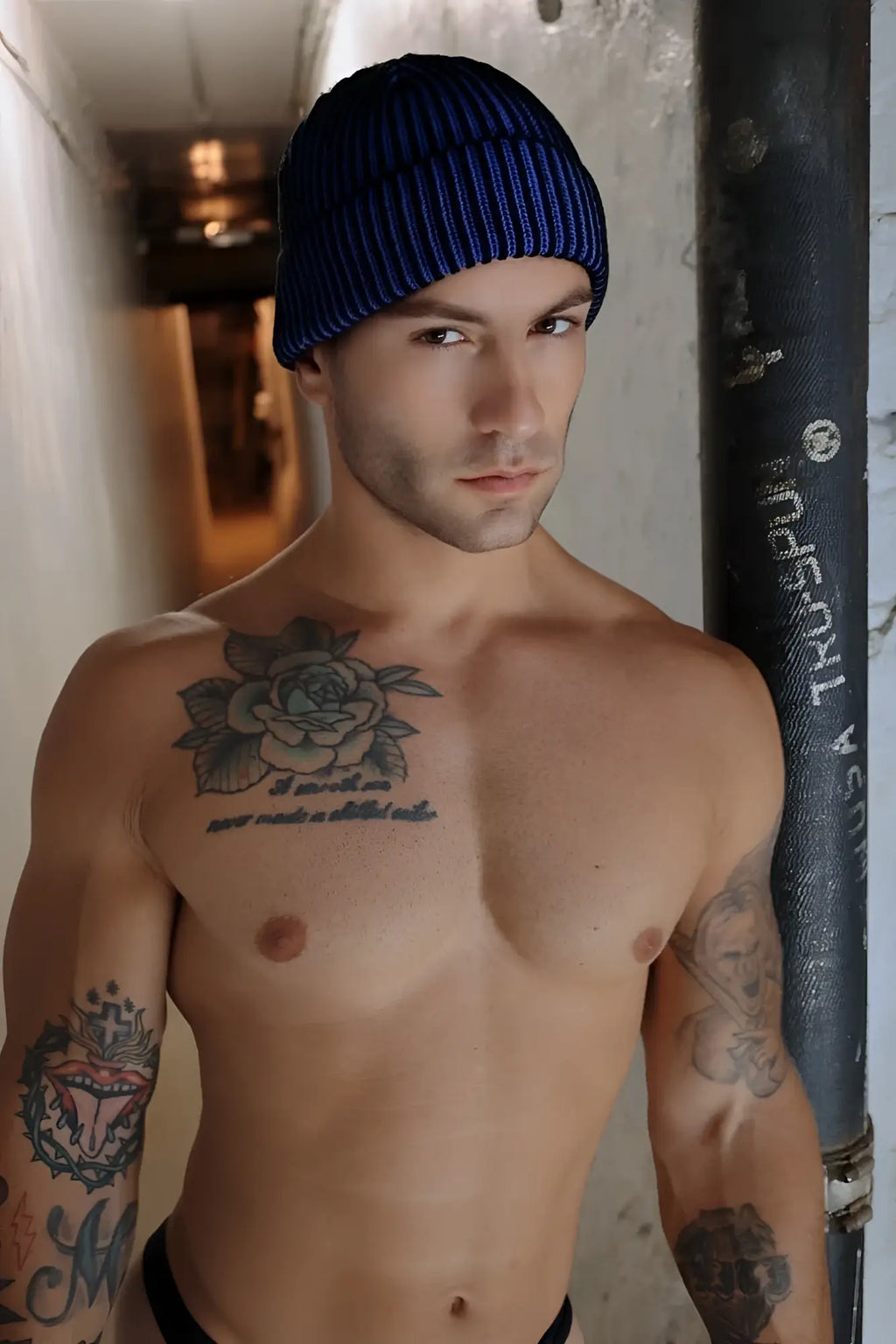 Darkroom rib beanie in blue ribbed knit showcasing a warm and stylish winter hat design