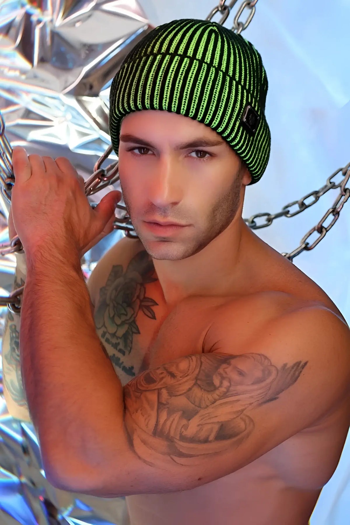 Darkroom rib beanie in green and black stripes knit for warm casual wear