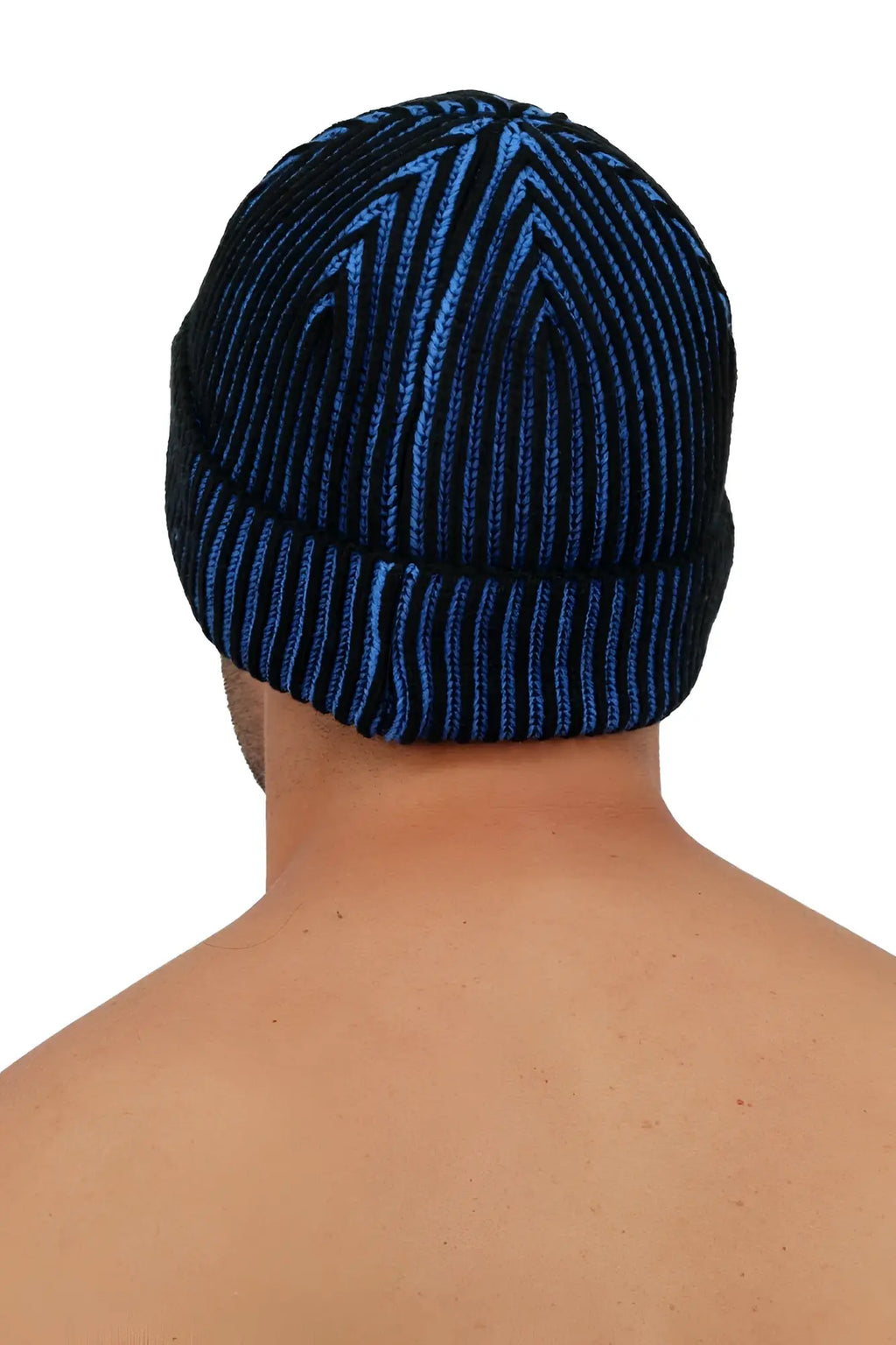 Darkroom rib beanie knitted in black and electric blue with a ribbed geometric pattern for cold weather wear