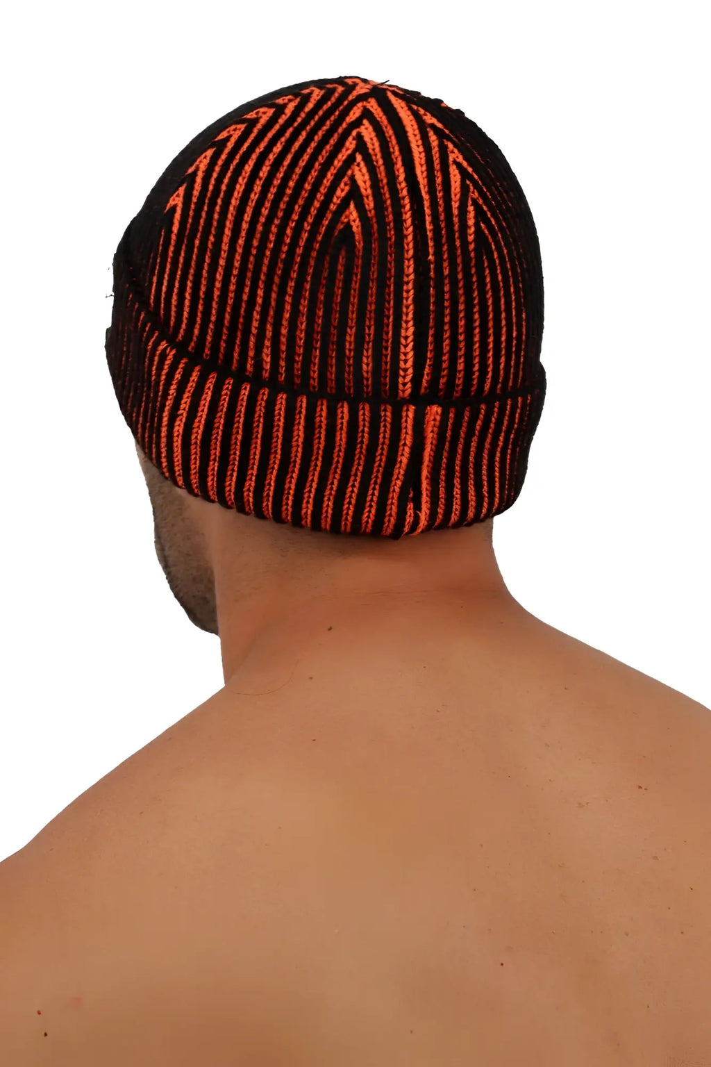 Darkroom rib beanie knitted with bold orange and black vertical stripes and a ribbed brim in a geometric pattern