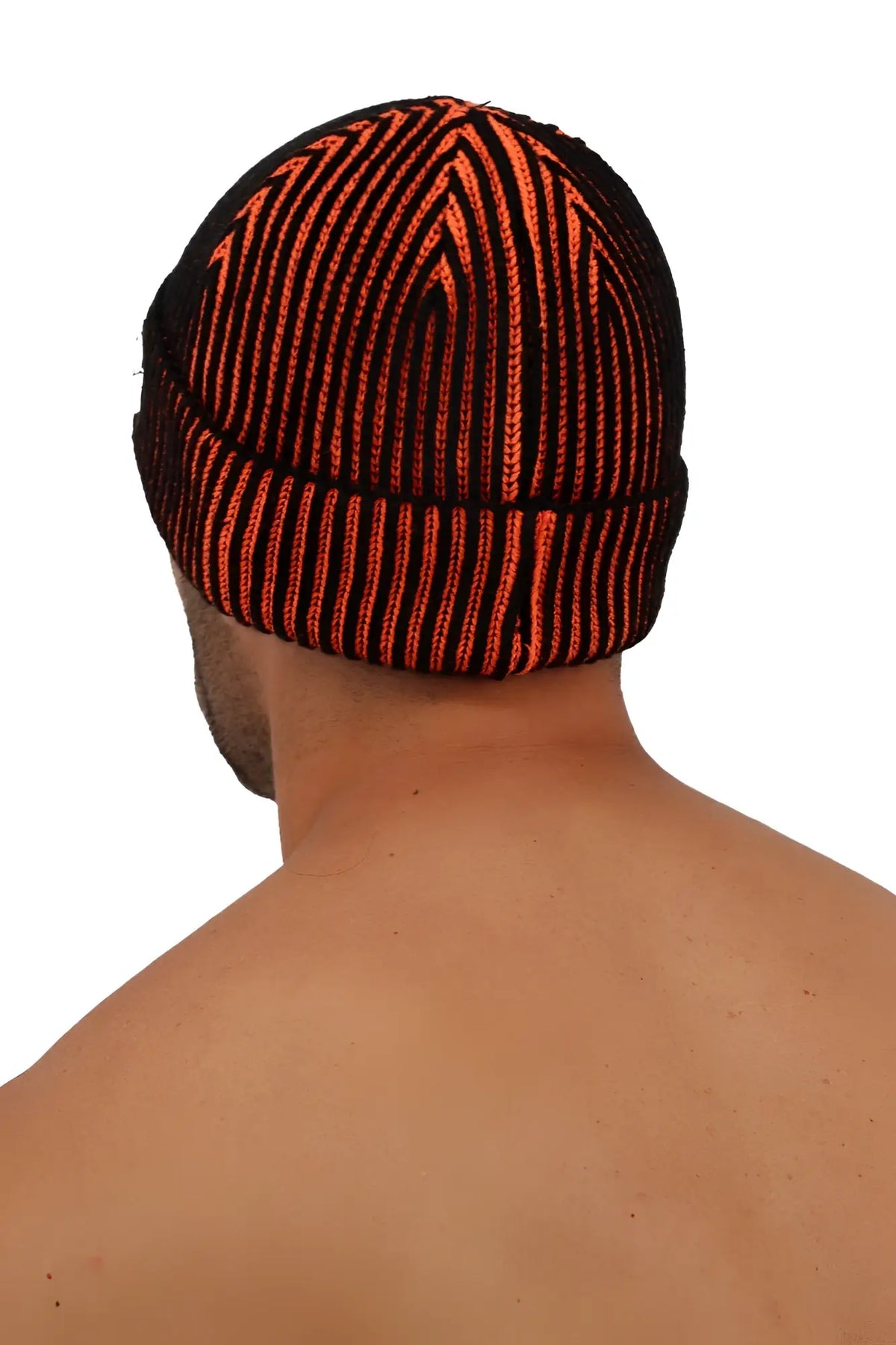 Darkroom rib beanie knitted with bold orange and black vertical stripes and a ribbed brim in a geometric pattern