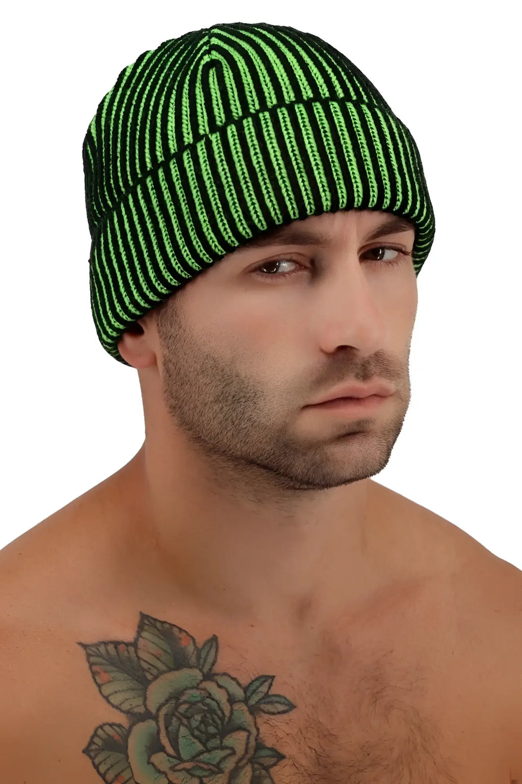 Darkroom rib beanie knitted with bold vertical stripes in neon green and black for stylish warmth
