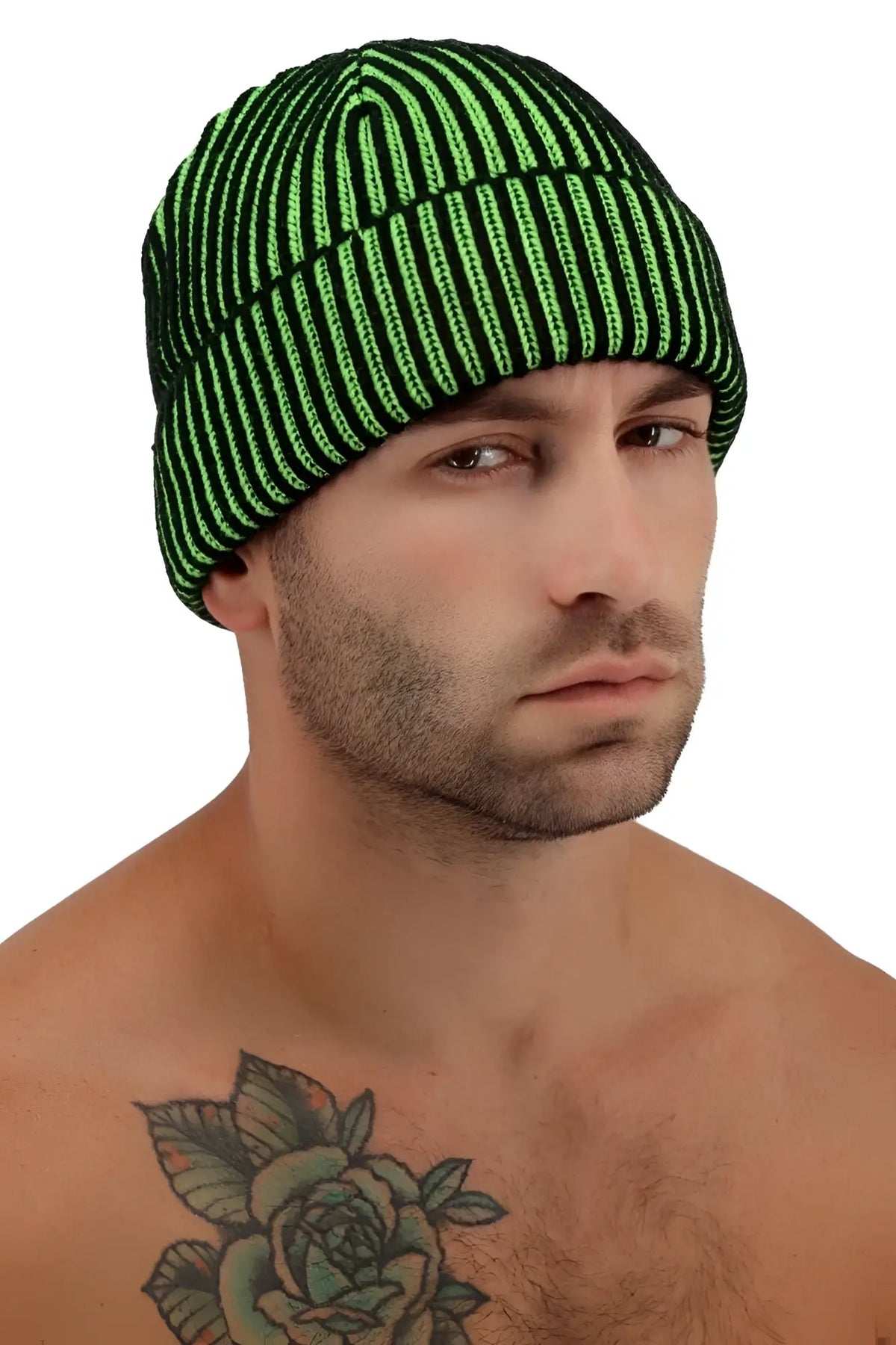 Darkroom rib beanie knitted with bold vertical stripes in neon green and black for stylish warmth