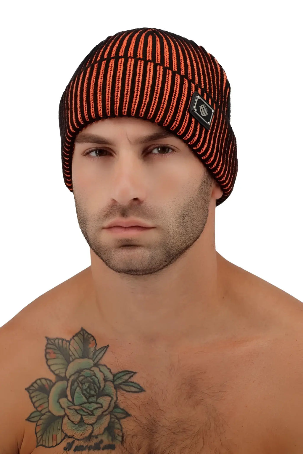 Orange and black striped knit darkroom rib beanie with a small rectangular logo patch on the side