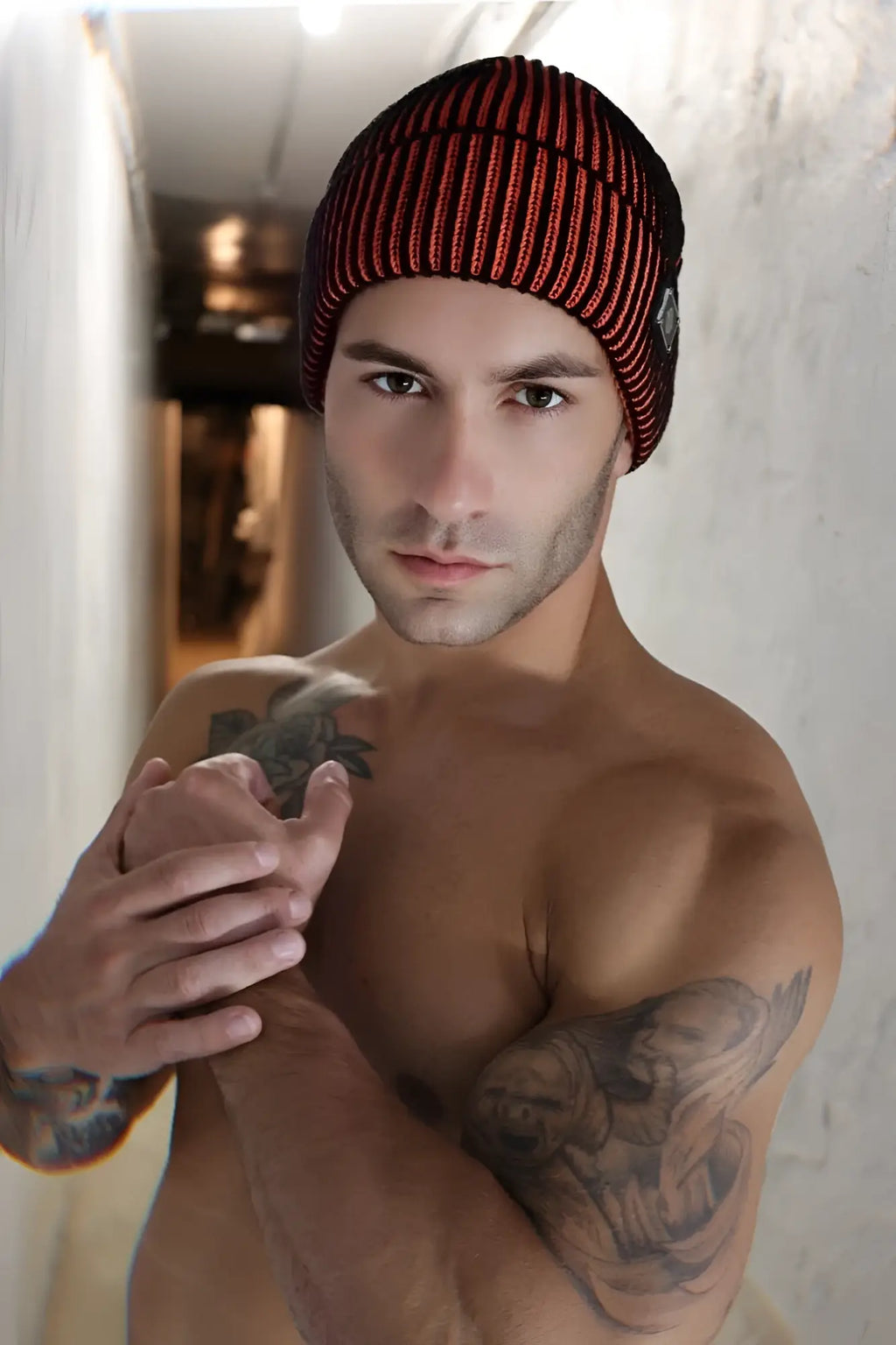 Darkroom rib beanie red and black striped knit hat warm winter accessory