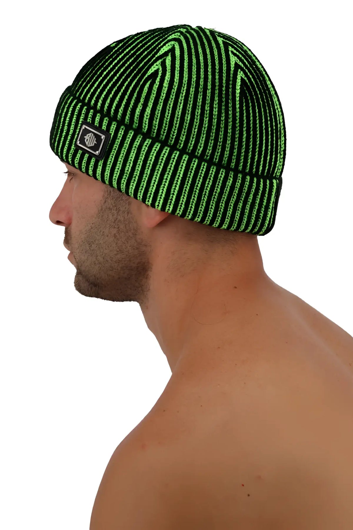 Darkroom rib beanie with vibrant neon green and black stripes knit with a ribbed cuff for warm wear