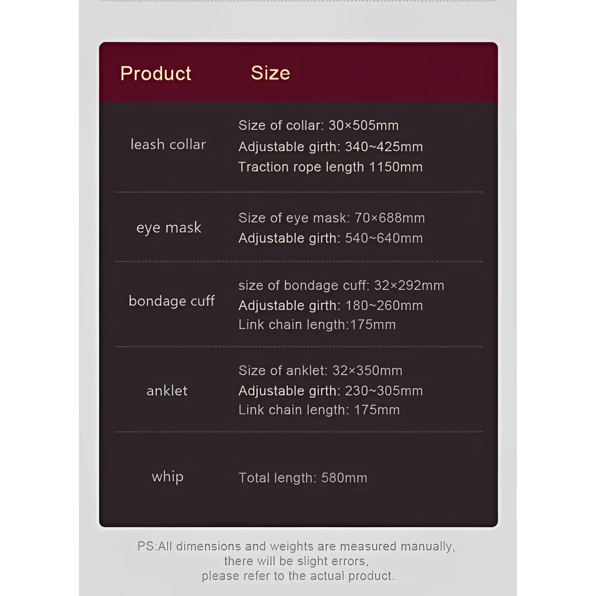 Product specification sheet for daytona 8 pc deluxe bondage play kit in burgundy gold with leash collar eye mask and whip