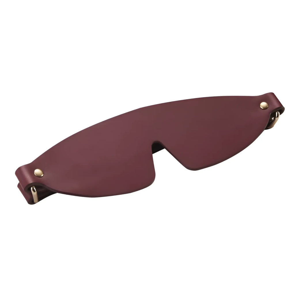 Burgundy leather blindfold with gold-toned metal hardware from daytona 8 pc deluxe bondage play kit