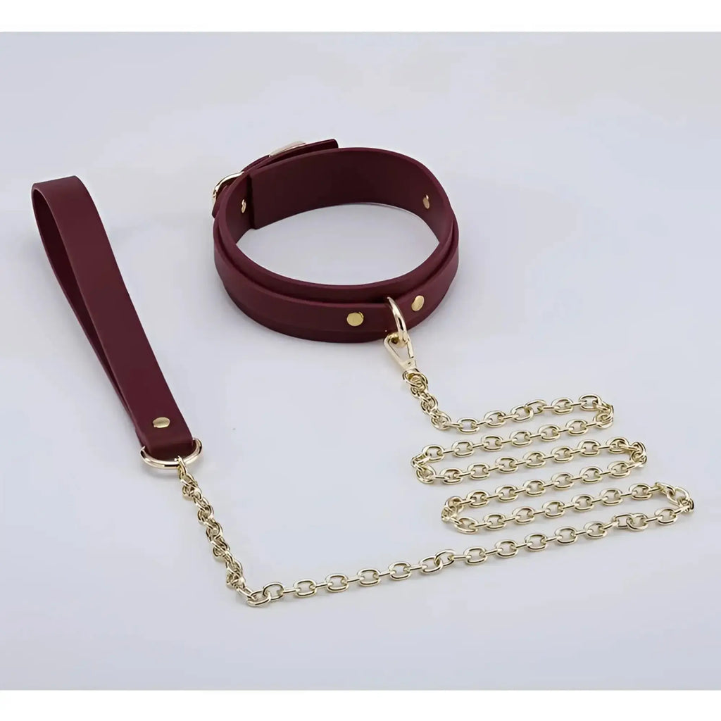 Burgundy leather collar with gold-tone hardware and matching chain leash from Daytona 8 pc deluxe bondage play kit