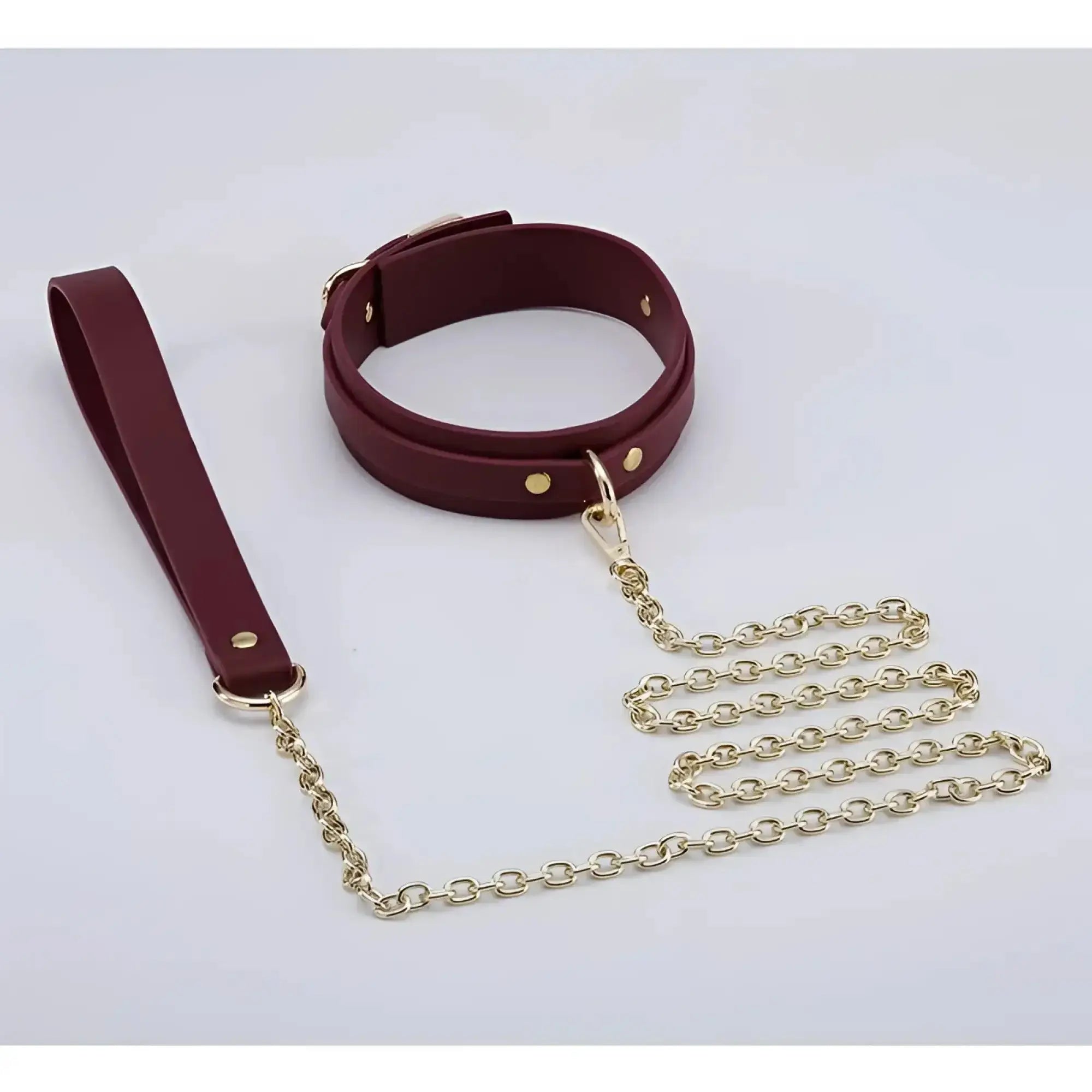 Burgundy leather collar with gold-tone hardware and matching chain leash from Daytona 8 pc deluxe bondage play kit