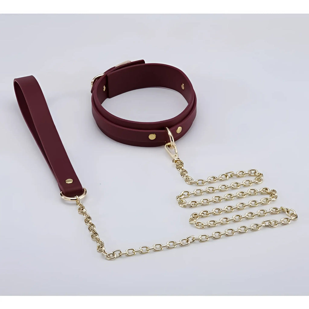 Burgundy leather collar with gold-tone hardware and matching chain leash from Daytona 8 pc deluxe bondage play kit