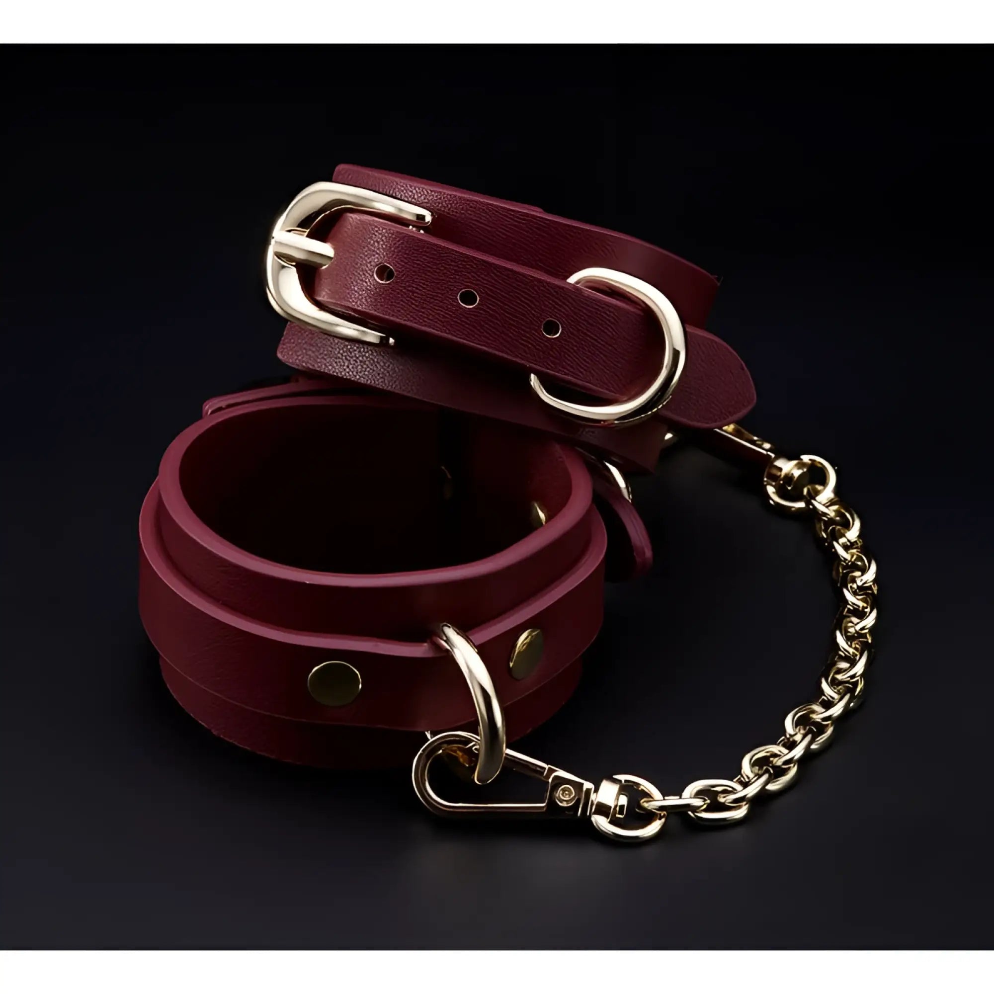 Burgundy leather collar with gold toned metal buckle and chain from Daytona 8 Pc deluxe bondage play kit