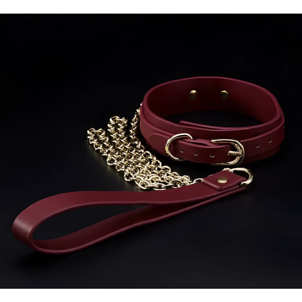 Daytona 8 pc deluxe bondage play kit burgundy gold features a burgundy leather collar with gold metal buckle and chain attached to a handle