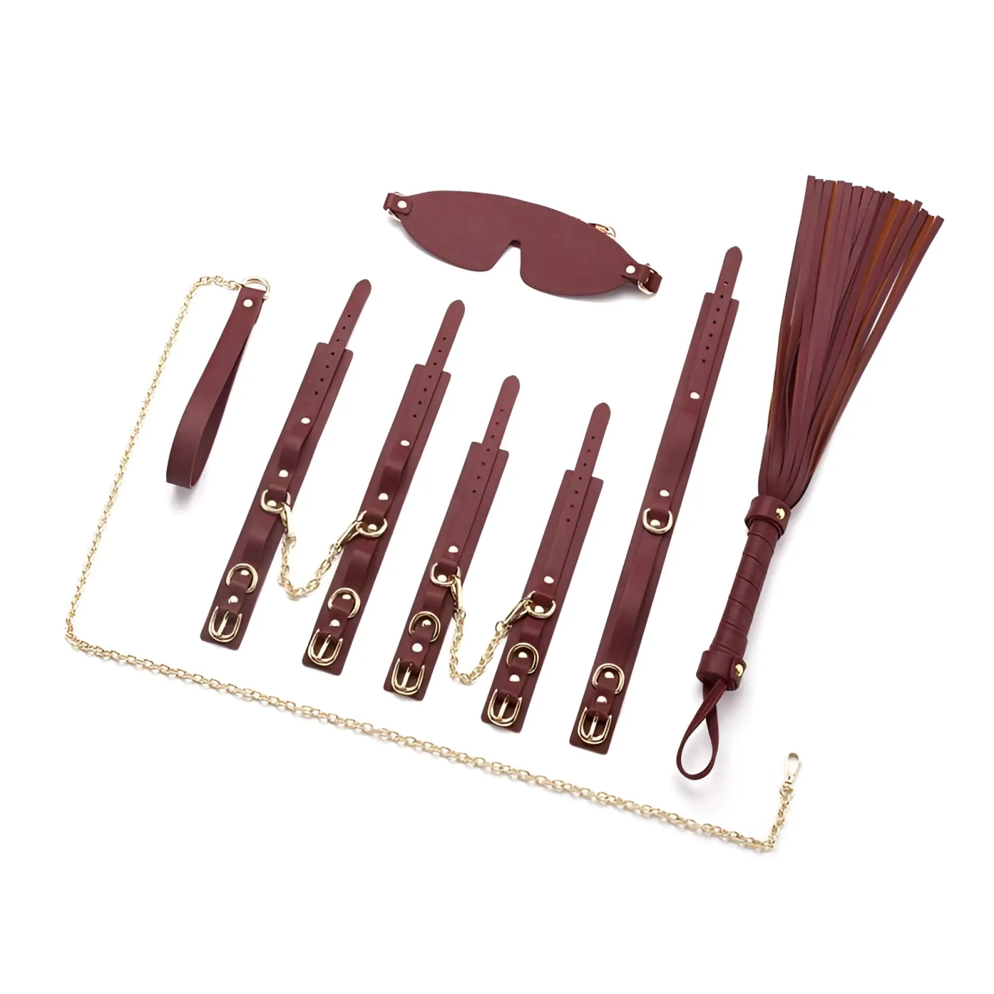 Daytona 8 pc deluxe bondage play kit in burgundy maroon leather with gold-tone metal hardware and chain accents