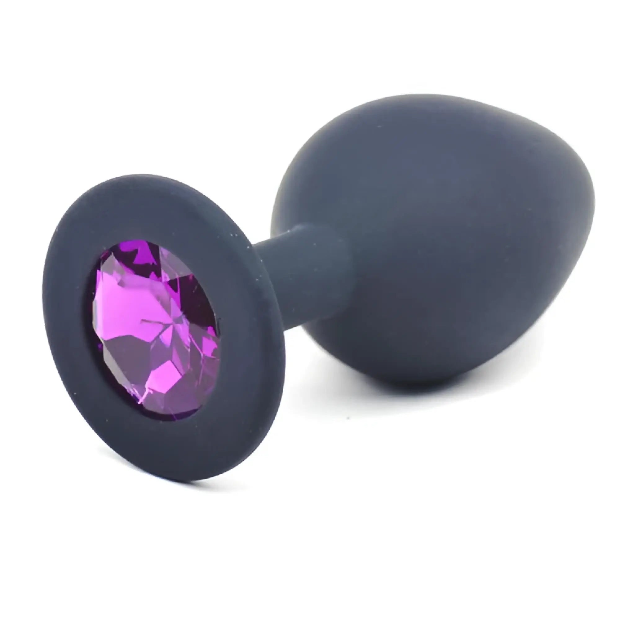 Dark gray silicone anal plug medium with a faceted purple diamond gemstone in the circular base