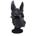 Black leather daytona dog hood with leopard print accents and silver studs for stylish pup wear