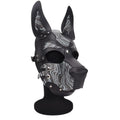 Black dog mask with silver zebra-striped accents and metallic studs from daytona dog pup hood blue collection