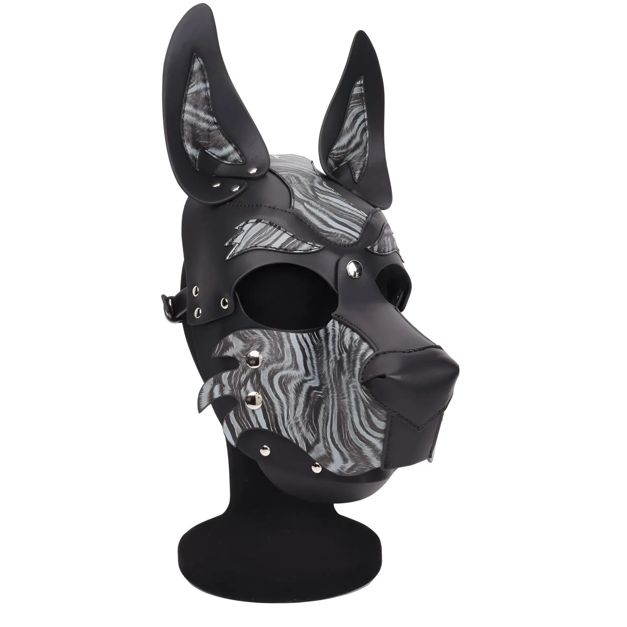 Black dog mask with silver zebra-striped accents and metallic studs from daytona dog pup hood blue collection