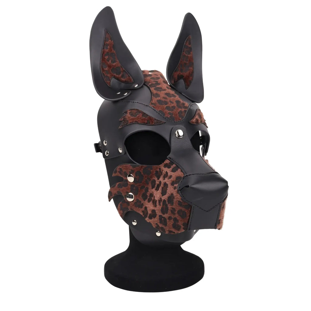 Daytona dog pup hood brown leopard print mask with black and brown stitched leather details