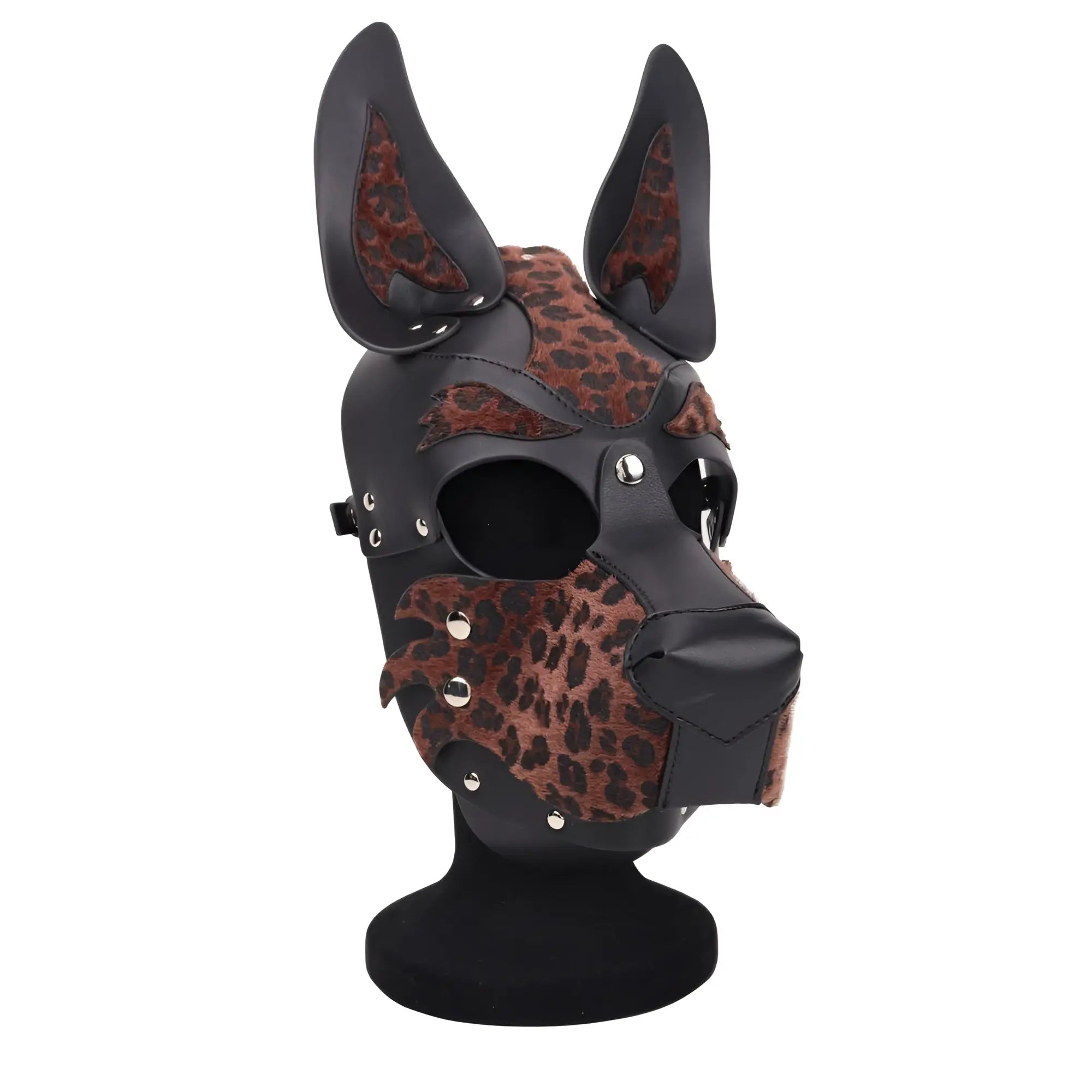 Daytona dog pup hood brown leopard print mask with black and brown stitched leather details