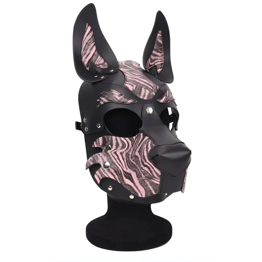Black leather dog mask with pink and black zebra-striped accents and silver studs for Daytona dog pup hood pink