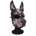 Black leather dog mask with pink and black zebra-striped accents and silver studs for Daytona dog pup hood pink