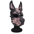 Black leather dog mask with pink and black zebra-striped accents and silver studs for Daytona dog pup hood pink