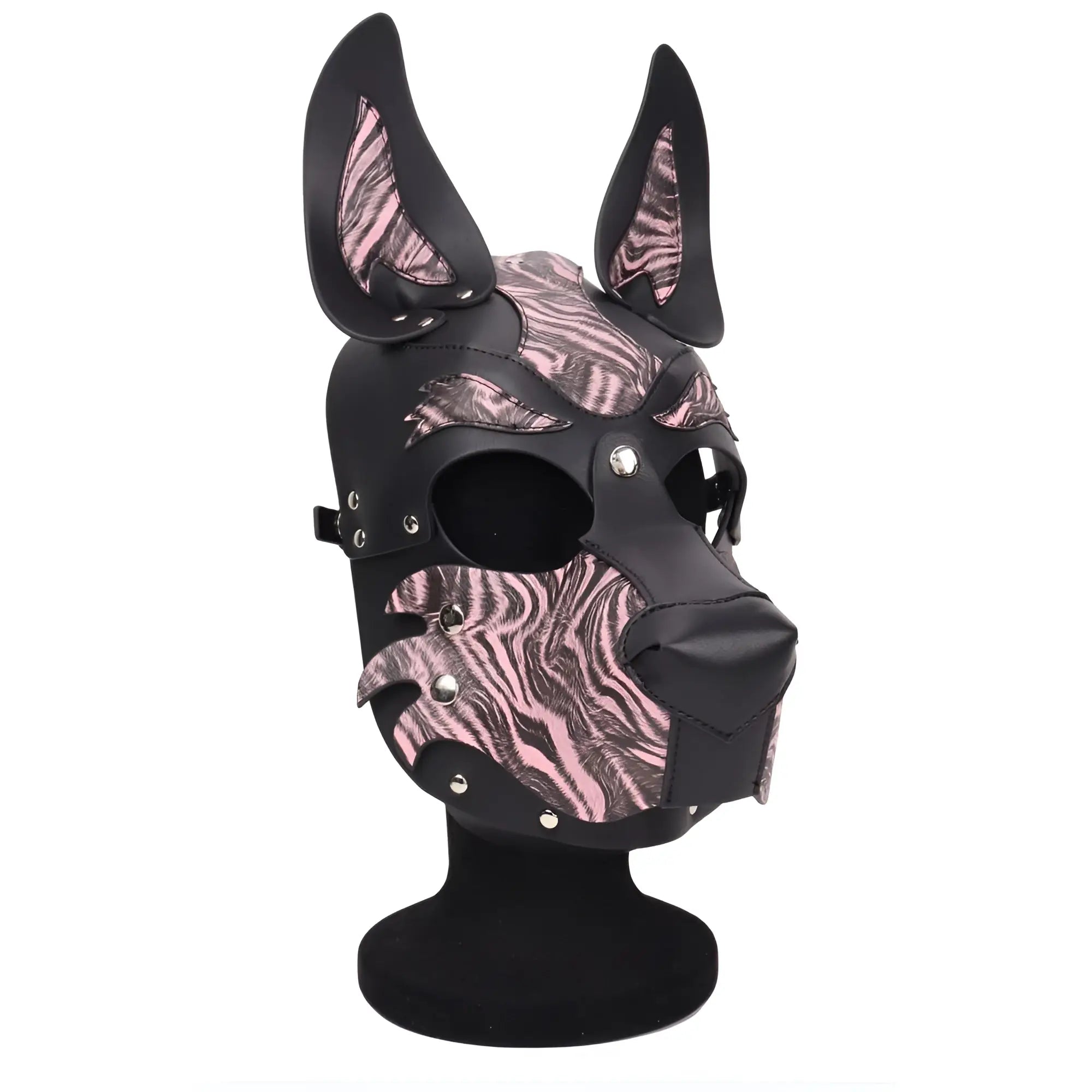 Black leather dog mask with pink and black zebra-striped accents and silver studs for Daytona dog pup hood pink