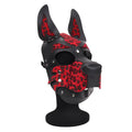 Daytona dog pup hood red black and red leopard print leather dog mask with stitched details