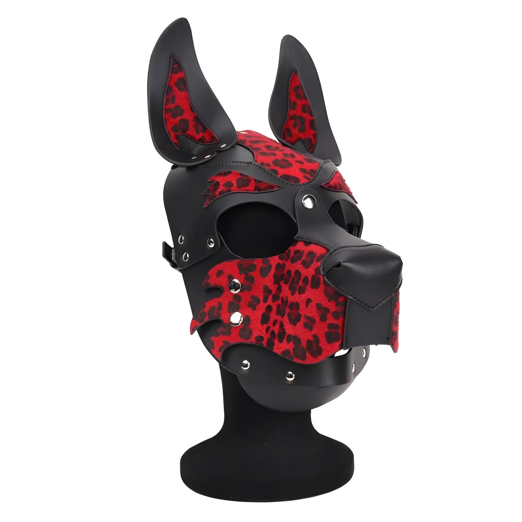 Daytona dog pup hood red black and red leopard print leather dog mask with stitched details