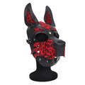 Daytona dog pup hood red black and red leopard print leather dog mask with stitched details
