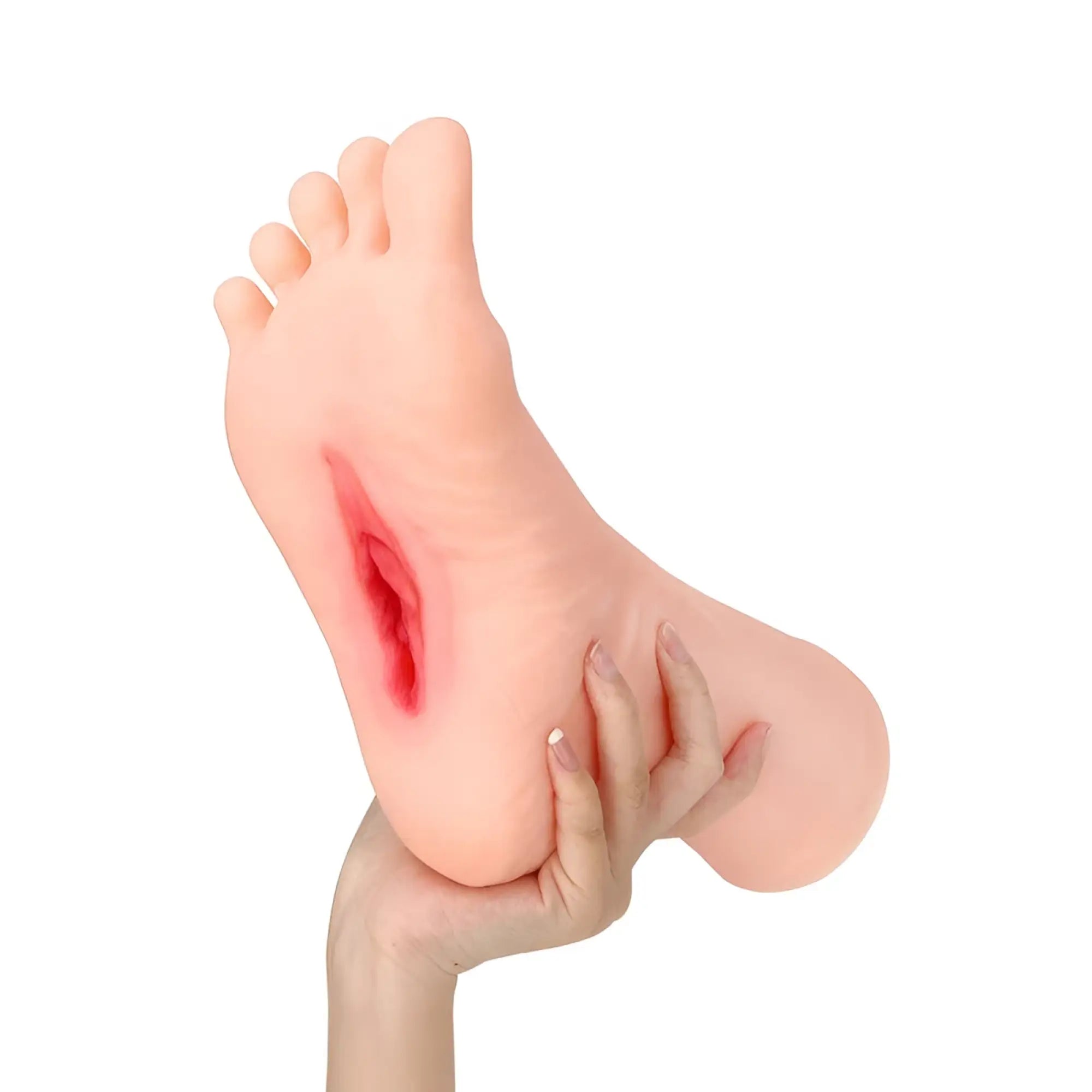 Daytona dolls foot fetish realistic feet stroker pair showing a pink silicone foot model with a detailed red wound on the sole held by hand