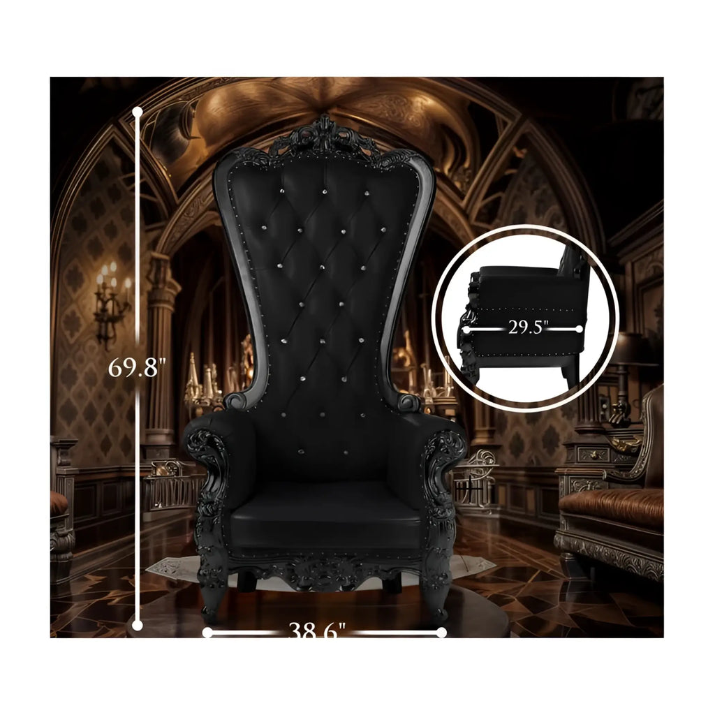 Elegant Daytona Domina throne chair with black tufted cushion, black ornate carved wooden frame, and decorative nailhead trim