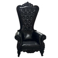 Daytona domina throne chair in black tufted leather with ornate carved black wooden frame and silver button accents