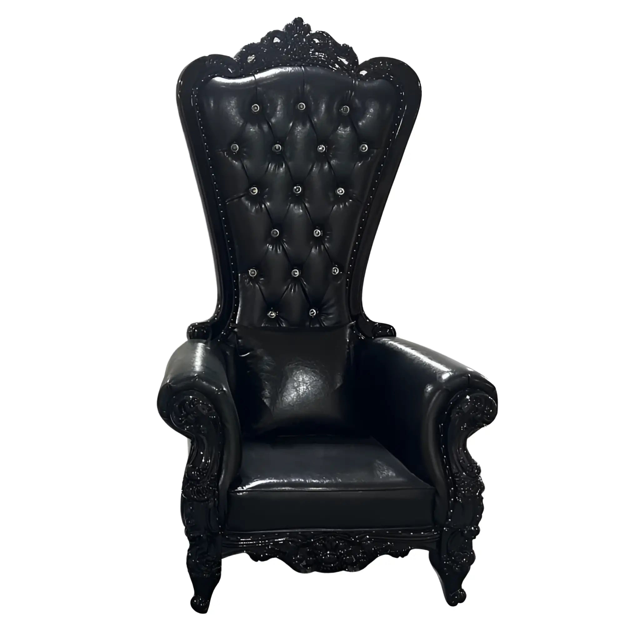 Daytona domina throne chair in black tufted leather with ornate carved black wooden frame and silver button accents