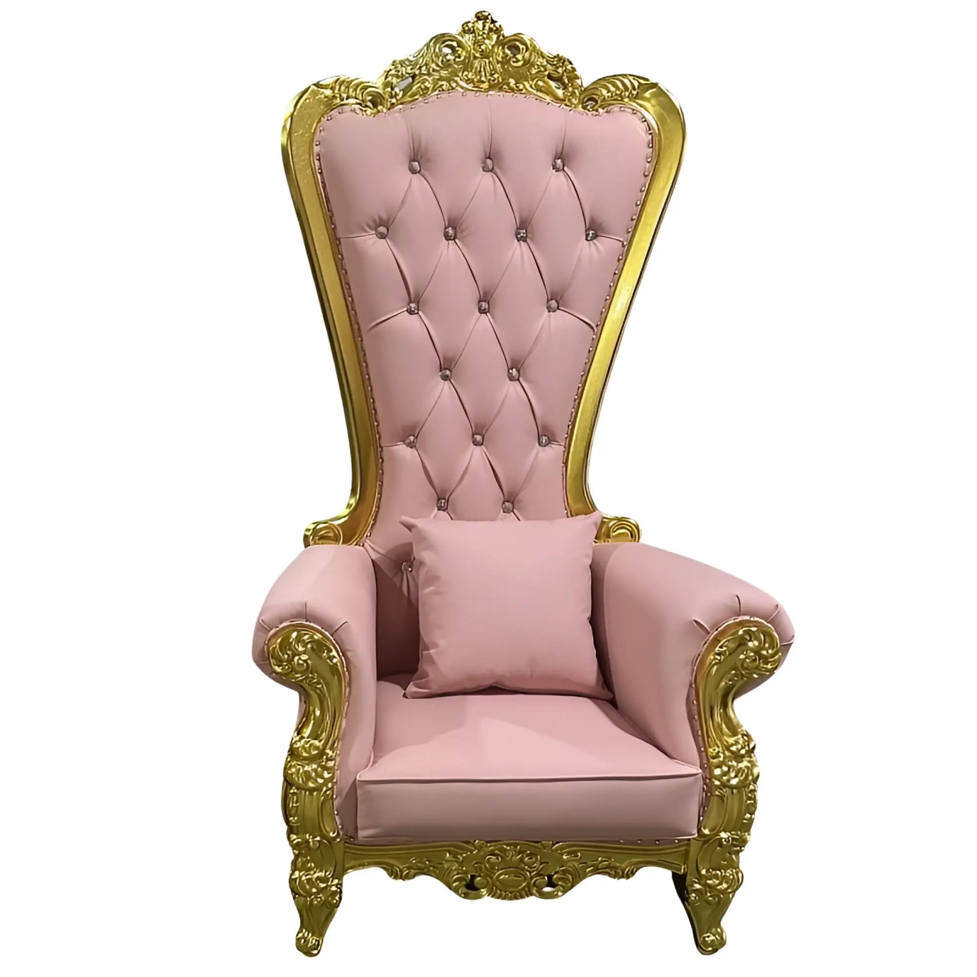 Daytona Domina throne chair with gold frame pink velvet cushion and ornate pink tufted upholstery