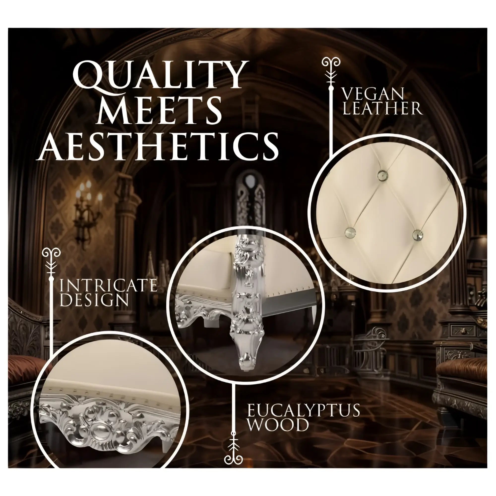 Daytona domina throne chair with cream vegan leather upholstery and silver-finished ornate eucalyptus wood legs