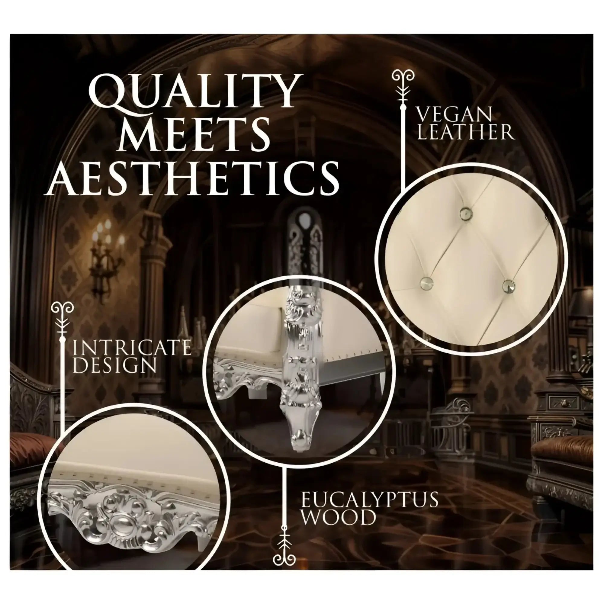 Daytona domina throne chair with cream vegan leather upholstery and silver-finished ornate eucalyptus wood legs
