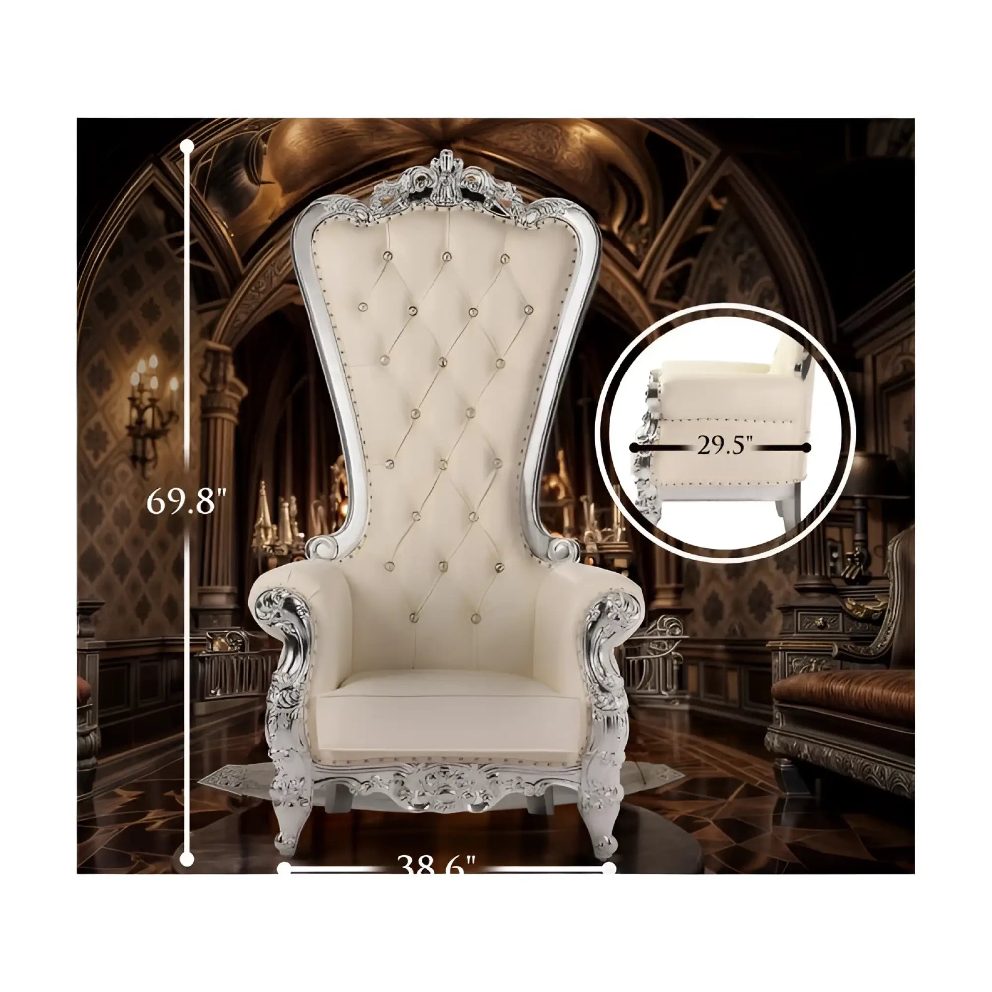 Elegant Daytona Domina throne chair with ivory tufted cream cushion and silver gilded ornate frame with decorative studs