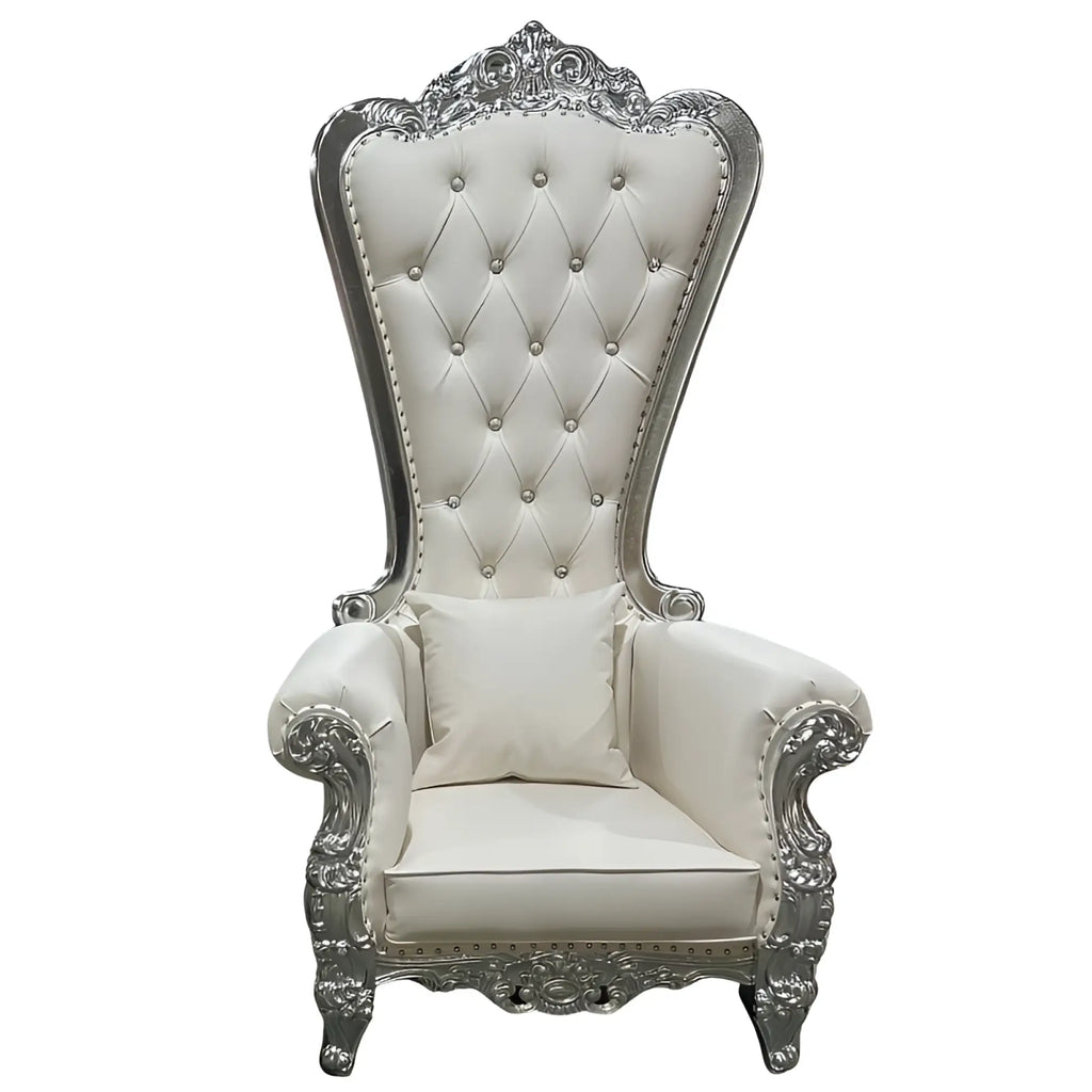 Elegant Daytona Domina throne chair with white tufted cream cushion and ornate silver gilded frame with scrolled arms