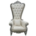 Elegant Daytona Domina throne chair with white tufted cream cushion and ornate silver gilded frame with scrolled arms